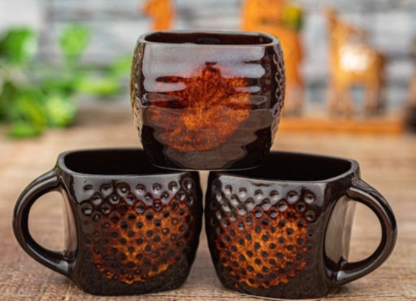 Brown Dotted Square Ceramic Tea Cups Set of 6 - Free Size, Brown, Ceramic, Pack of1